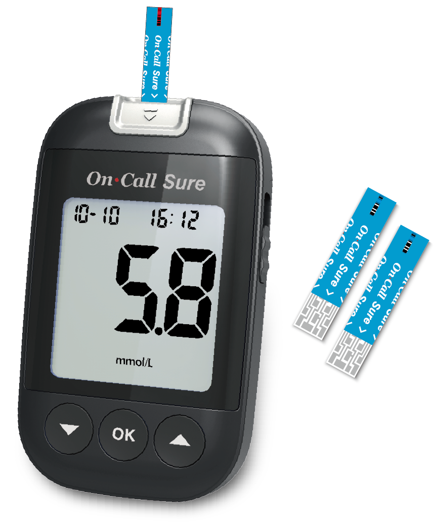 On Call Sure black blood glucose meter with blue test strips