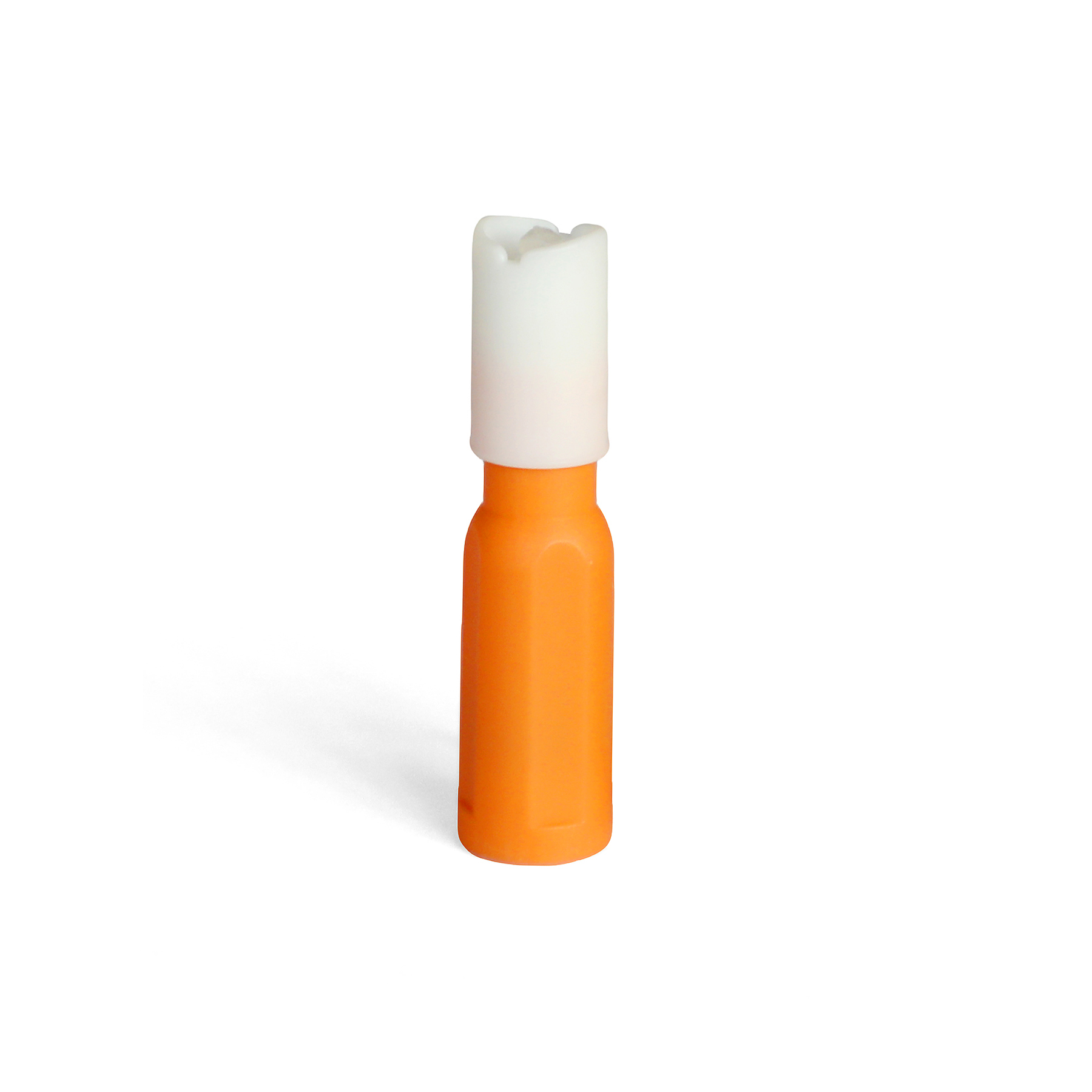 Orange pressure-activated safety lancet with a white protective cap